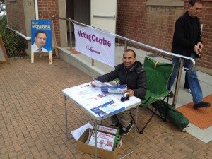 I asked one Liberal volunteer to take my picture. Interestingly he avoided Mark Butler on the background to include only Liberal candidate Nigel